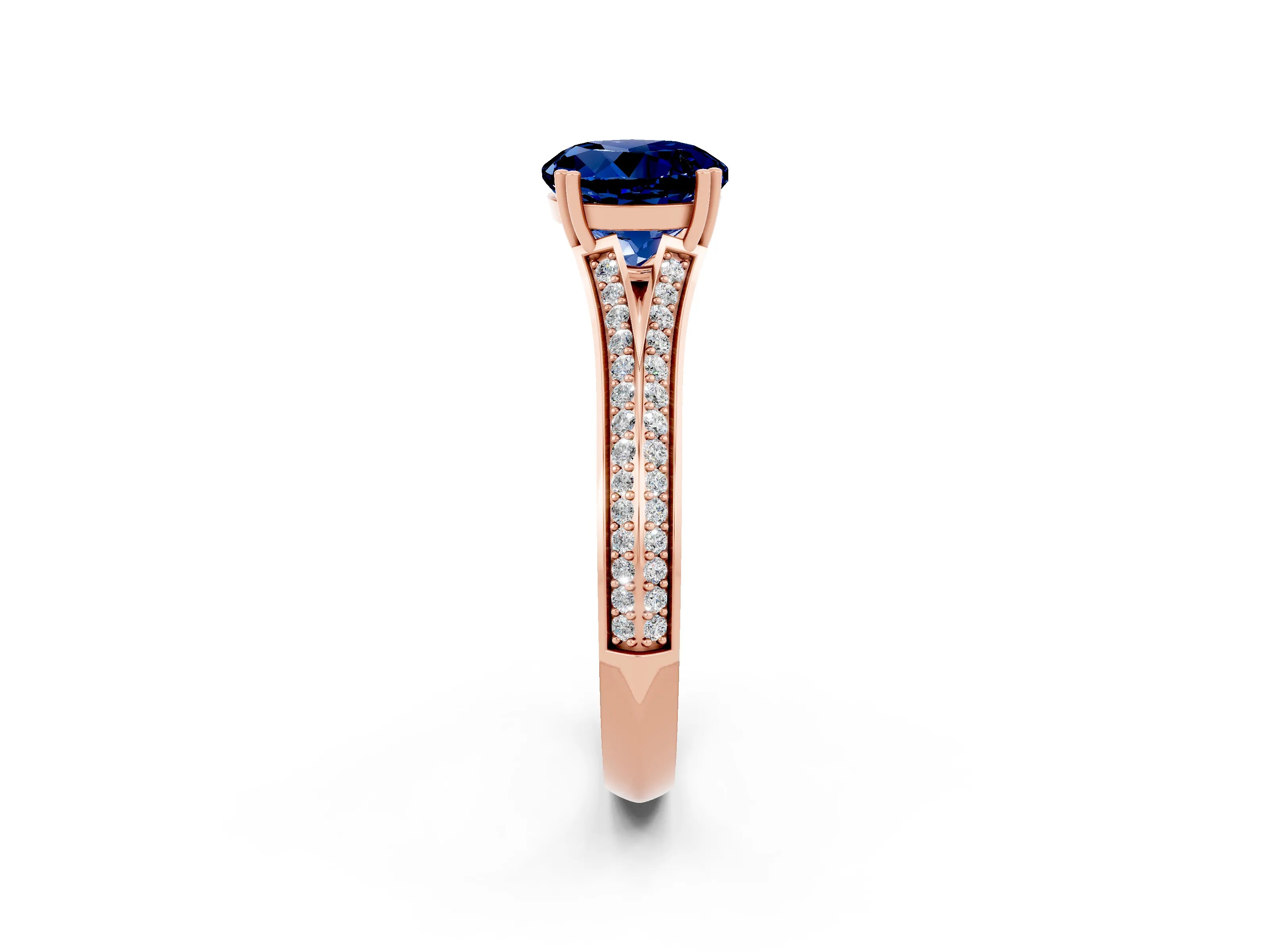 Rose gold Round Cut Blue Sapphire Split Shank Engagement Ring with Pavé Band_2