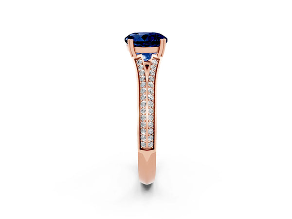 Rose gold Round Cut Blue Sapphire Split Shank Engagement Ring with Pavé Band