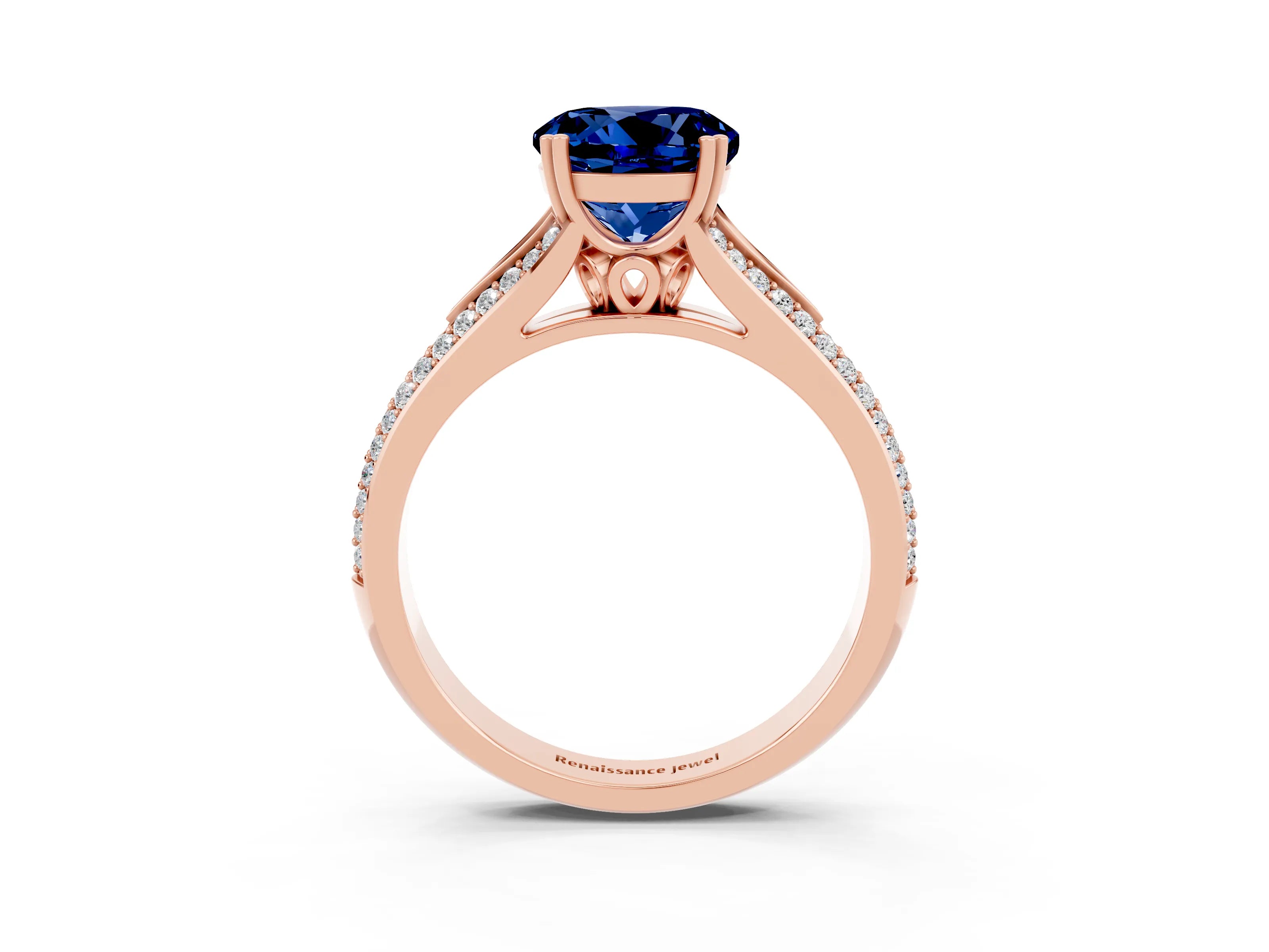 Rose gold Round Cut Blue Sapphire Split Shank Engagement Ring with Pavé Band_3