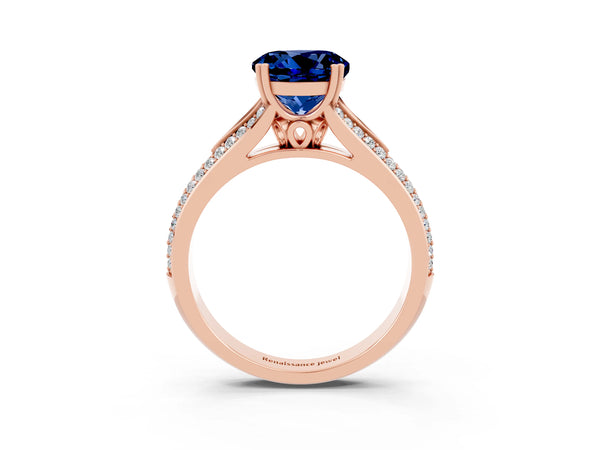 Rose gold Round Cut Blue Sapphire Split Shank Engagement Ring with Pavé Band