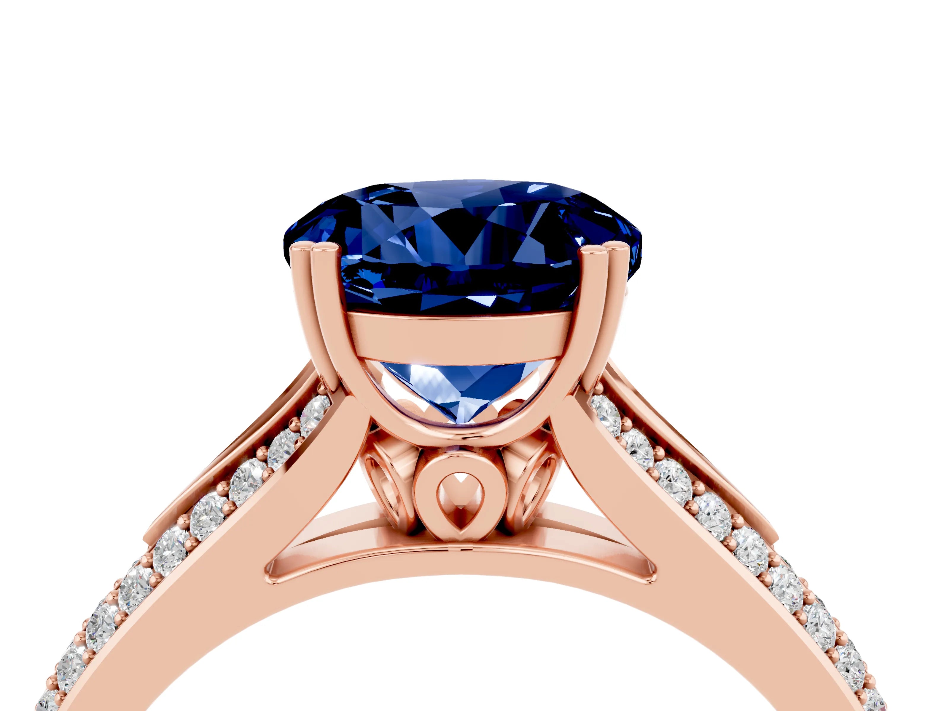 Rose gold Round Cut Blue Sapphire Split Shank Engagement Ring with Pavé Band_4
