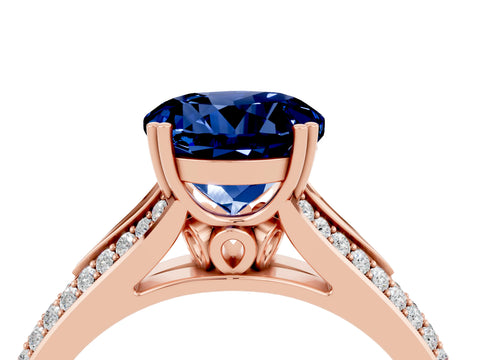 Rose gold Round Cut Blue Sapphire Split Shank Engagement Ring with Pavé Band_4
