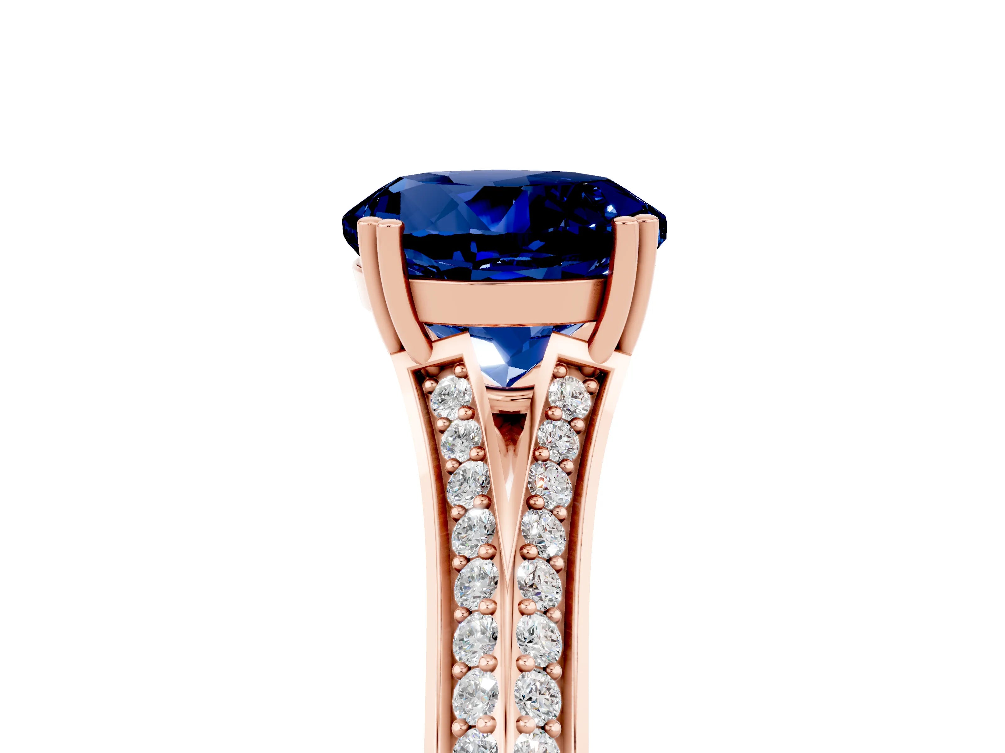 Rose gold Round Cut Blue Sapphire Split Shank Engagement Ring with Pavé Band_5