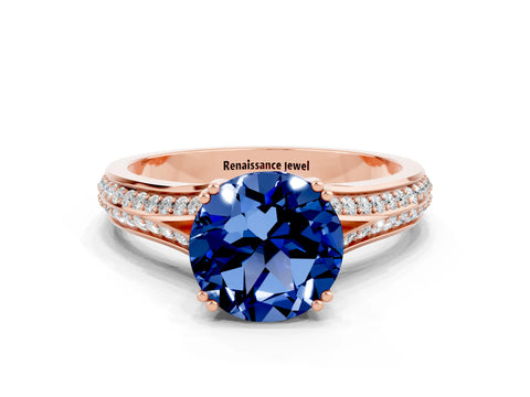 Rose gold Round Cut Blue Sapphire Split Shank Engagement Ring with Pavé Band