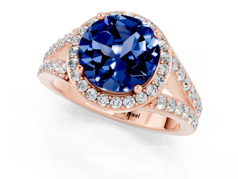 Rose gold Round Cut Blue Sapphire Split Shank Halo Ring with Four-Prong Setting_13