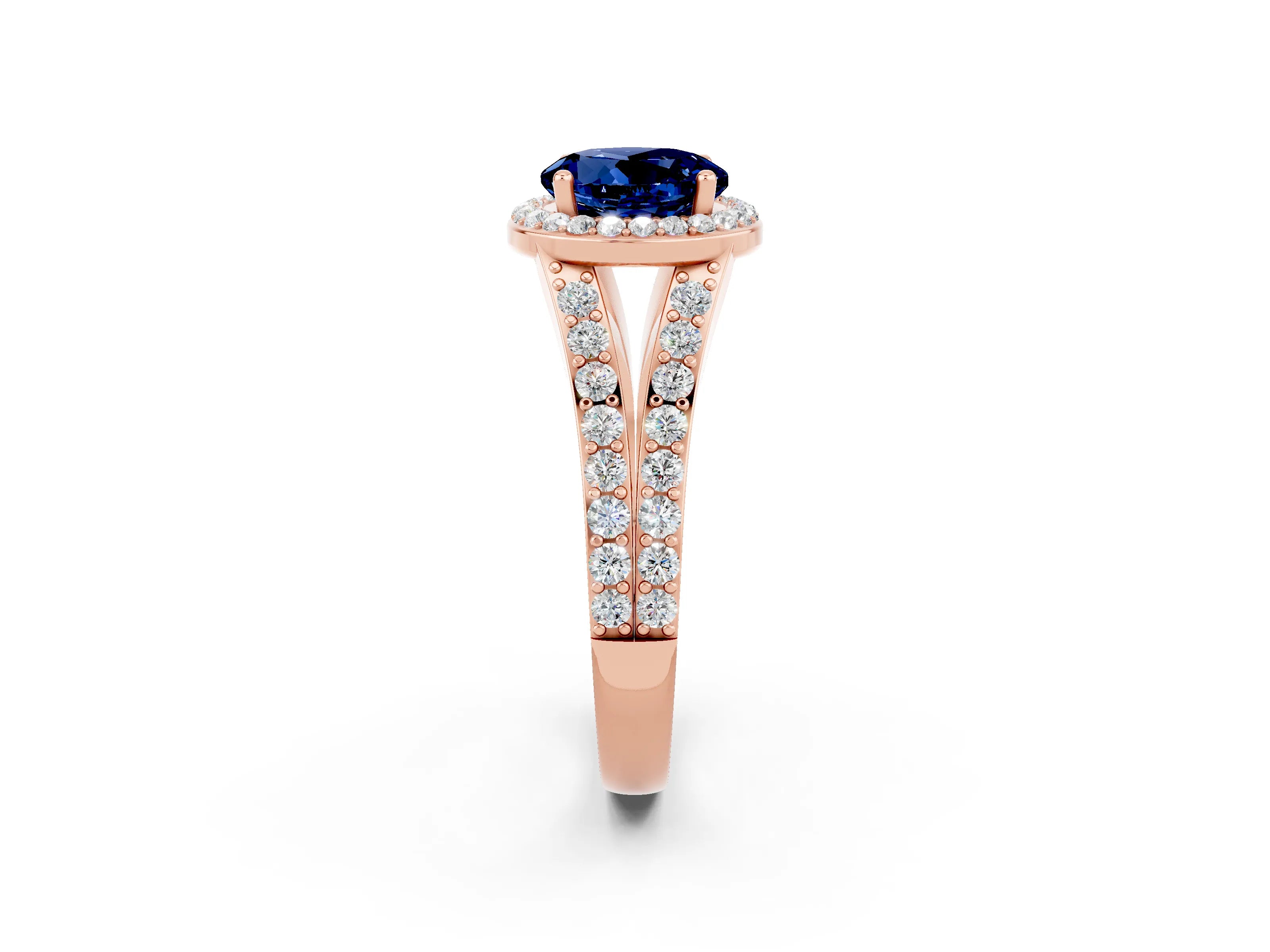 Rose gold Round Cut Blue Sapphire Split Shank Halo Ring with Four-Prong Setting_14
