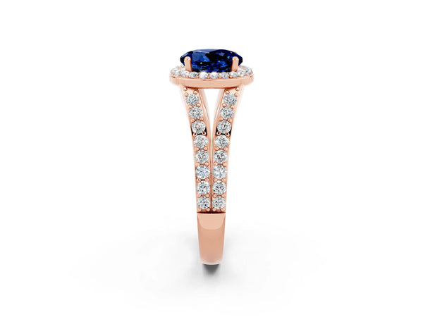 Rose gold Round Cut Blue Sapphire Split Shank Halo Ring with Four-Prong Setting