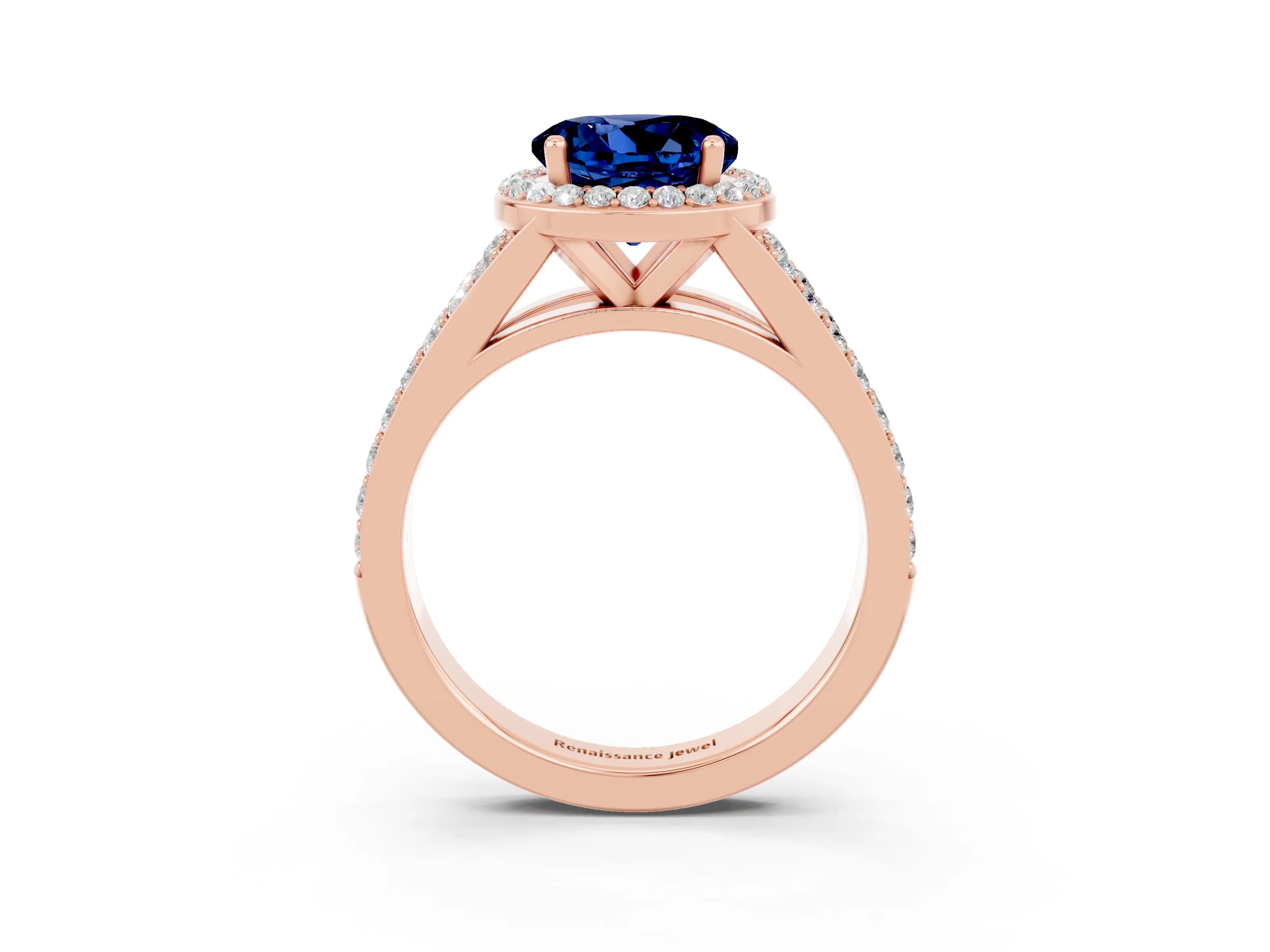 Rose gold Round Cut Blue Sapphire Split Shank Halo Ring with Four-Prong Setting_15