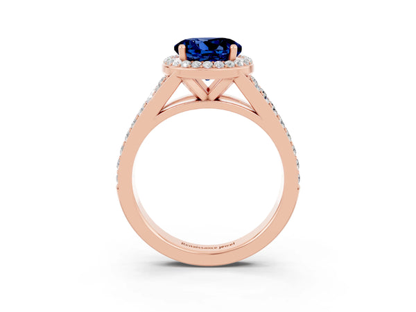 Rose gold Round Cut Blue Sapphire Split Shank Halo Ring with Four-Prong Setting