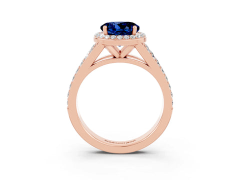 Rose gold Round Cut Blue Sapphire Split Shank Halo Ring with Four-Prong Setting_15