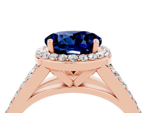 Rose gold Round Cut Blue Sapphire Split Shank Halo Ring with Four-Prong Setting_16