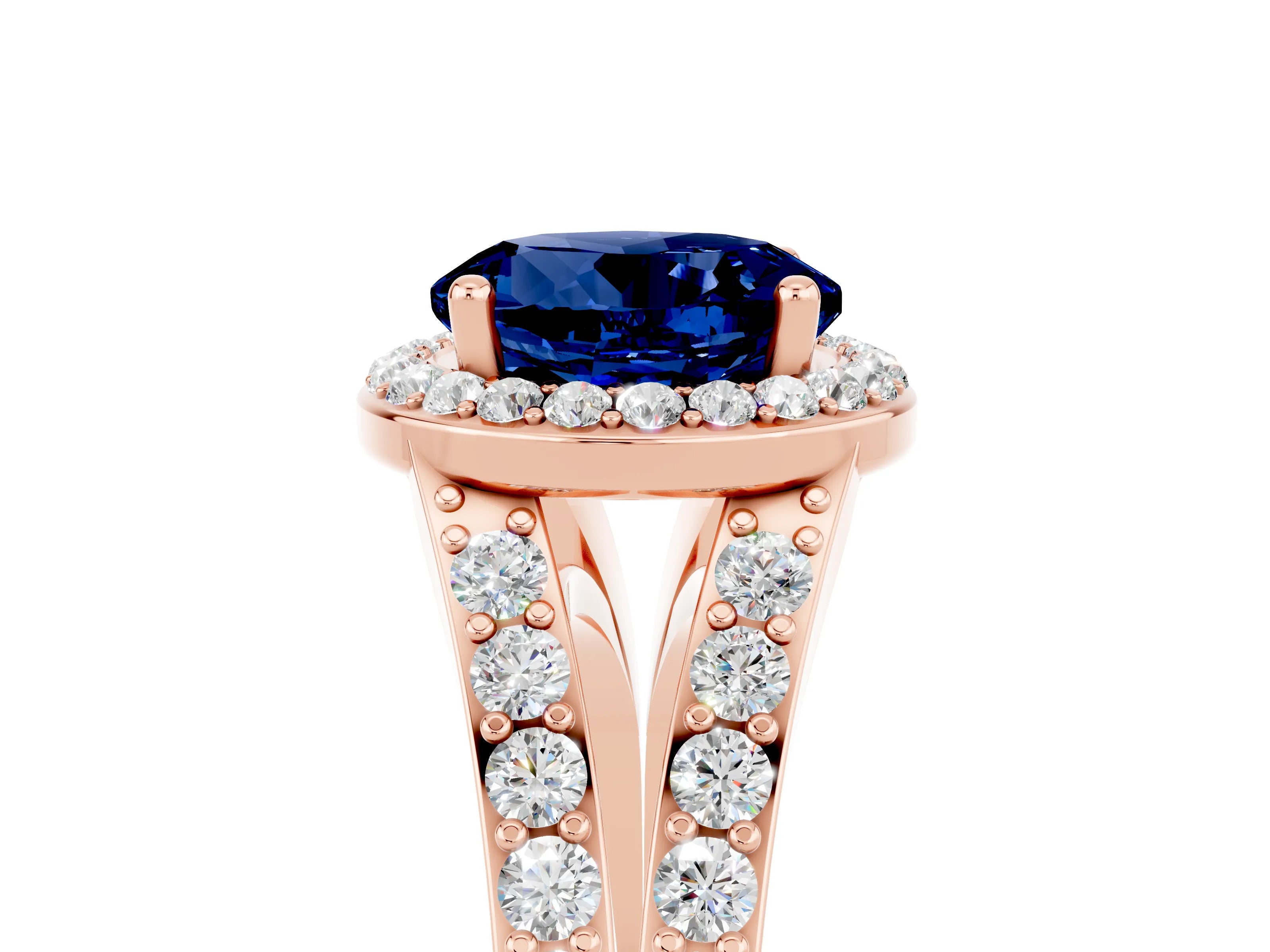 Rose gold Round Cut Blue Sapphire Split Shank Halo Ring with Four-Prong Setting_17