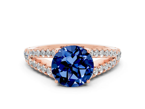 Rose gold Round Cut Blue Sapphire Split Shank Pavé Engagement Ring with Four-Prong Setting