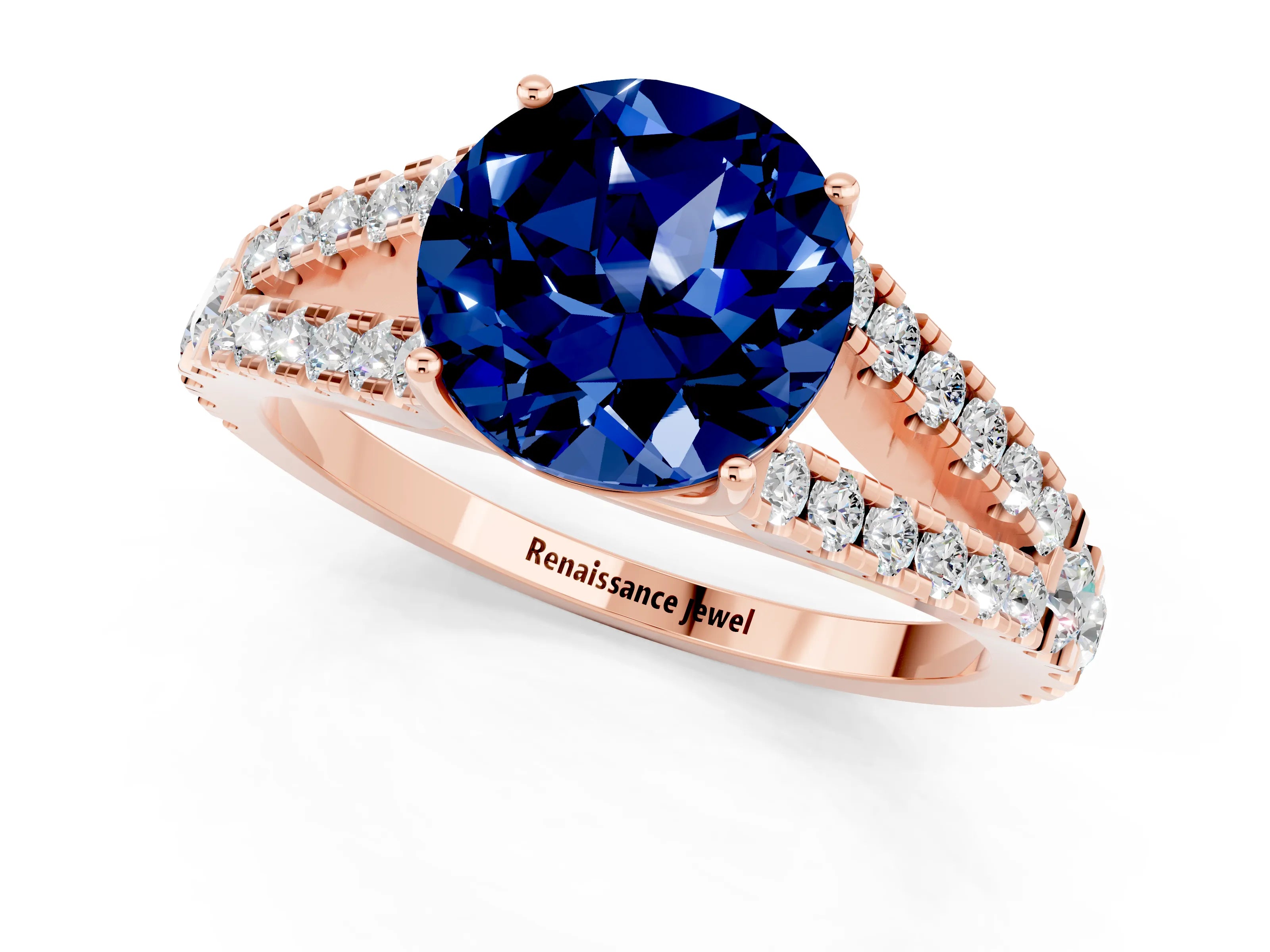 Rose gold Round Cut Blue Sapphire Split Shank Pavé Engagement Ring with Four-Prong Setting_13