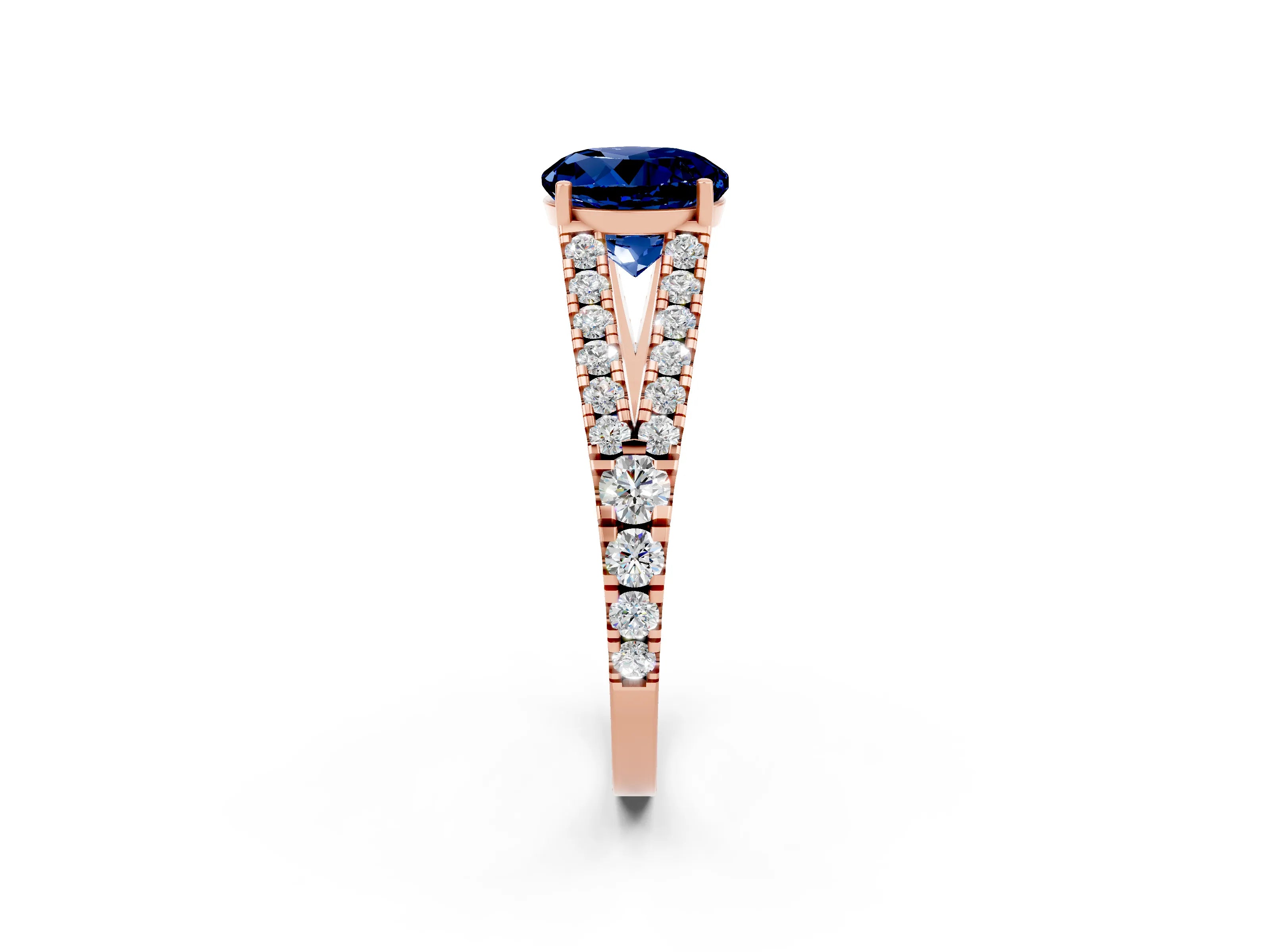 Rose gold Round Cut Blue Sapphire Split Shank Pavé Engagement Ring with Four-Prong Setting_14