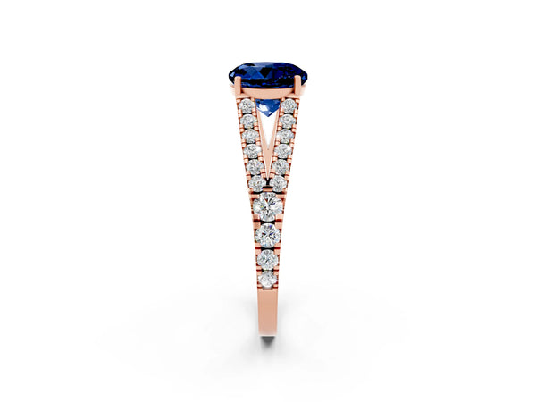Rose gold Round Cut Blue Sapphire Split Shank Pavé Engagement Ring with Four-Prong Setting