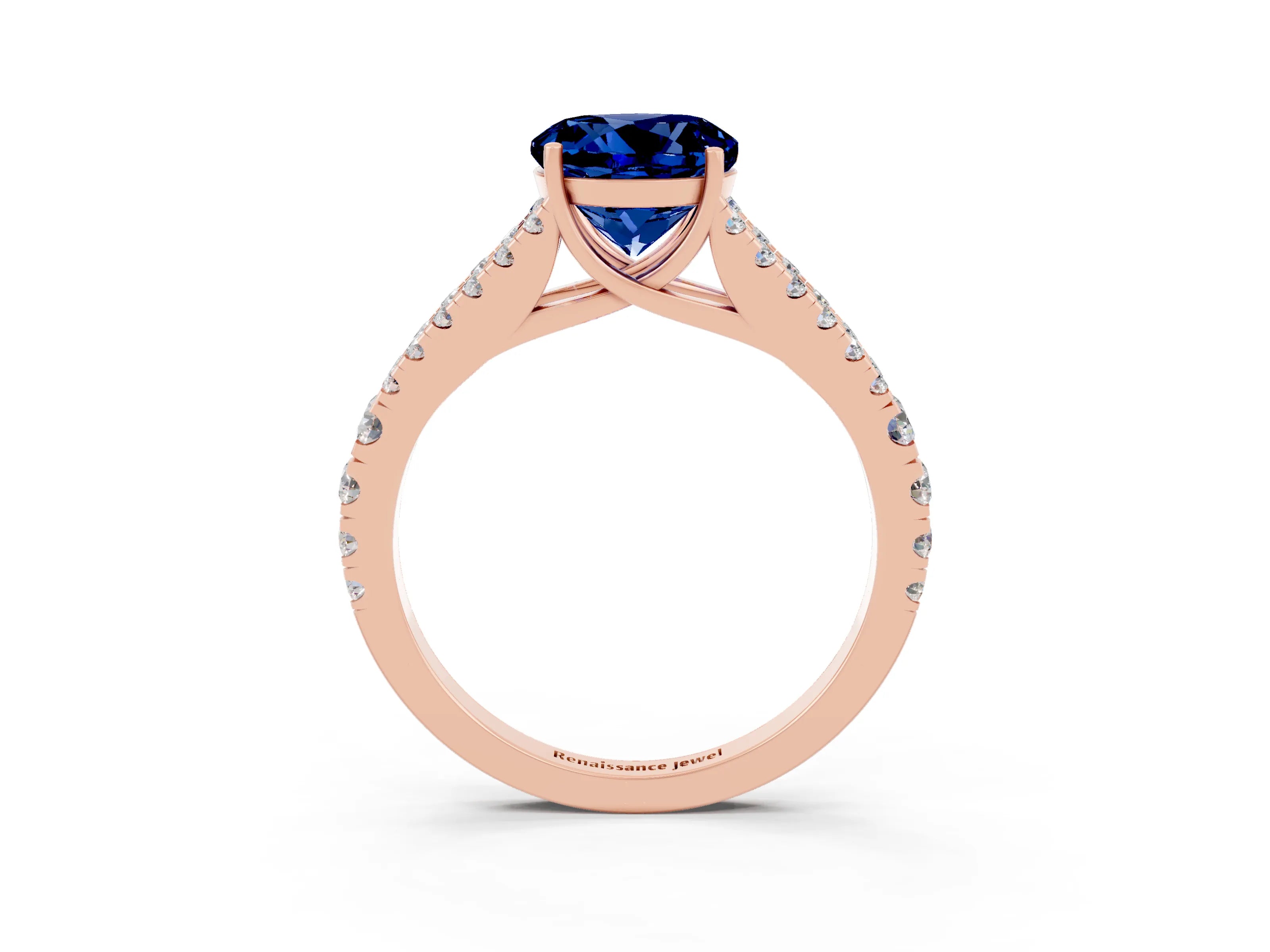 Rose gold Round Cut Blue Sapphire Split Shank Pavé Engagement Ring with Four-Prong Setting_15