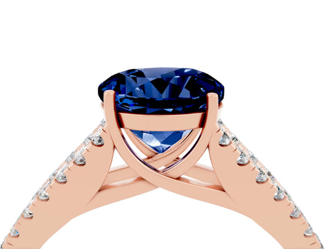 Rose gold Round Cut Blue Sapphire Split Shank Pavé Engagement Ring with Four-Prong Setting_16