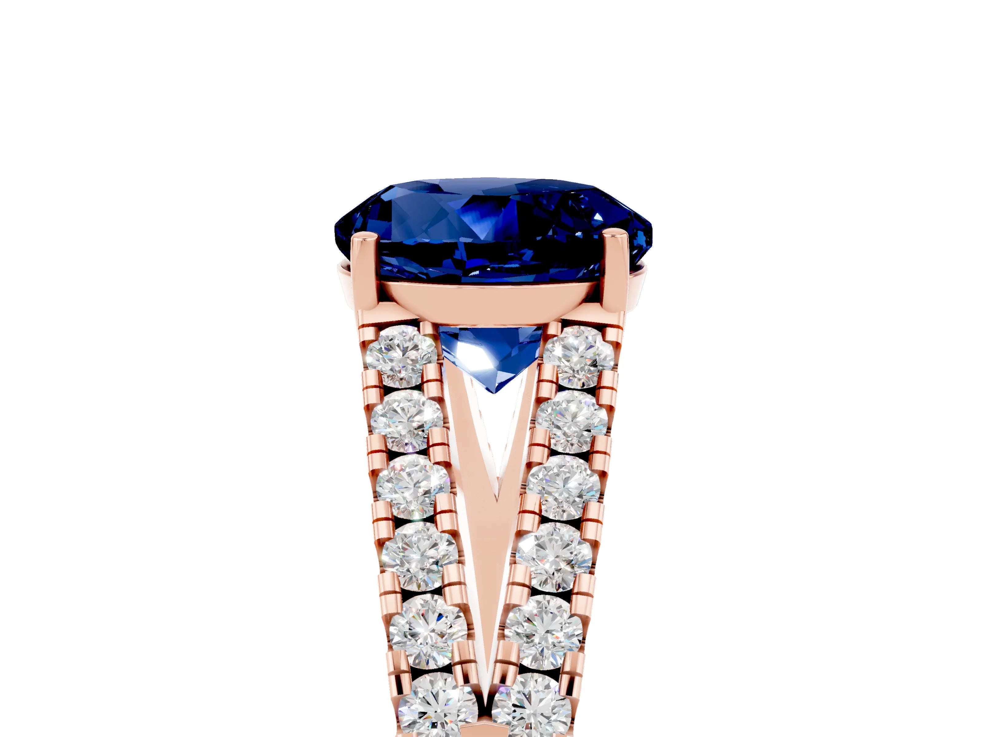 Rose gold Round Cut Blue Sapphire Split Shank Pavé Engagement Ring with Four-Prong Setting_17