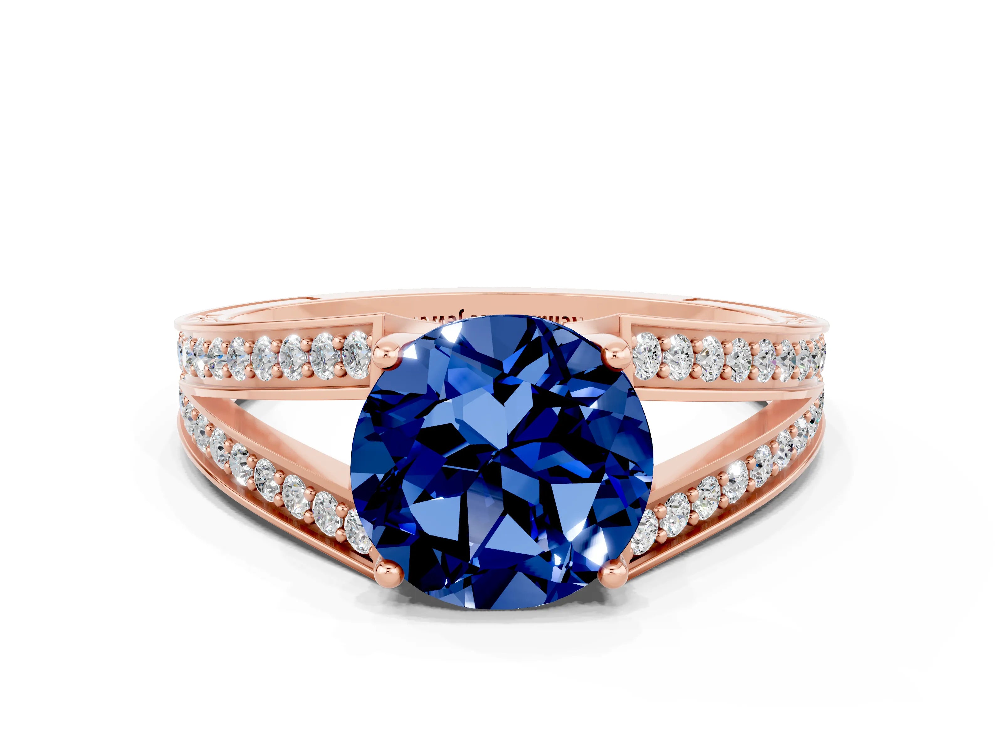 Rose gold Round Cut Blue Sapphire Split Shank Ring with Pavé Band and Four-Prong Setting
