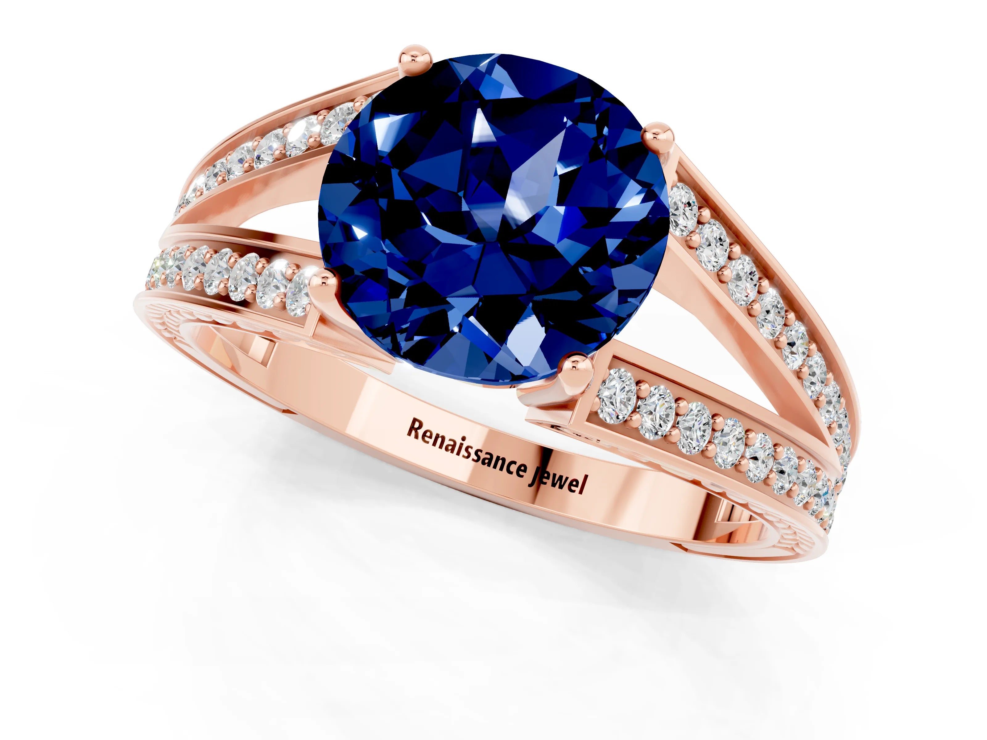 Rose gold Round Cut Blue Sapphire Split Shank Ring with Pavé Band and Four-Prong Setting_1