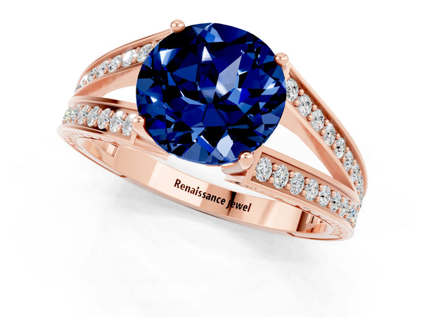 Rose gold Round Cut Blue Sapphire Split Shank Ring with Pavé Band and Four-Prong Setting