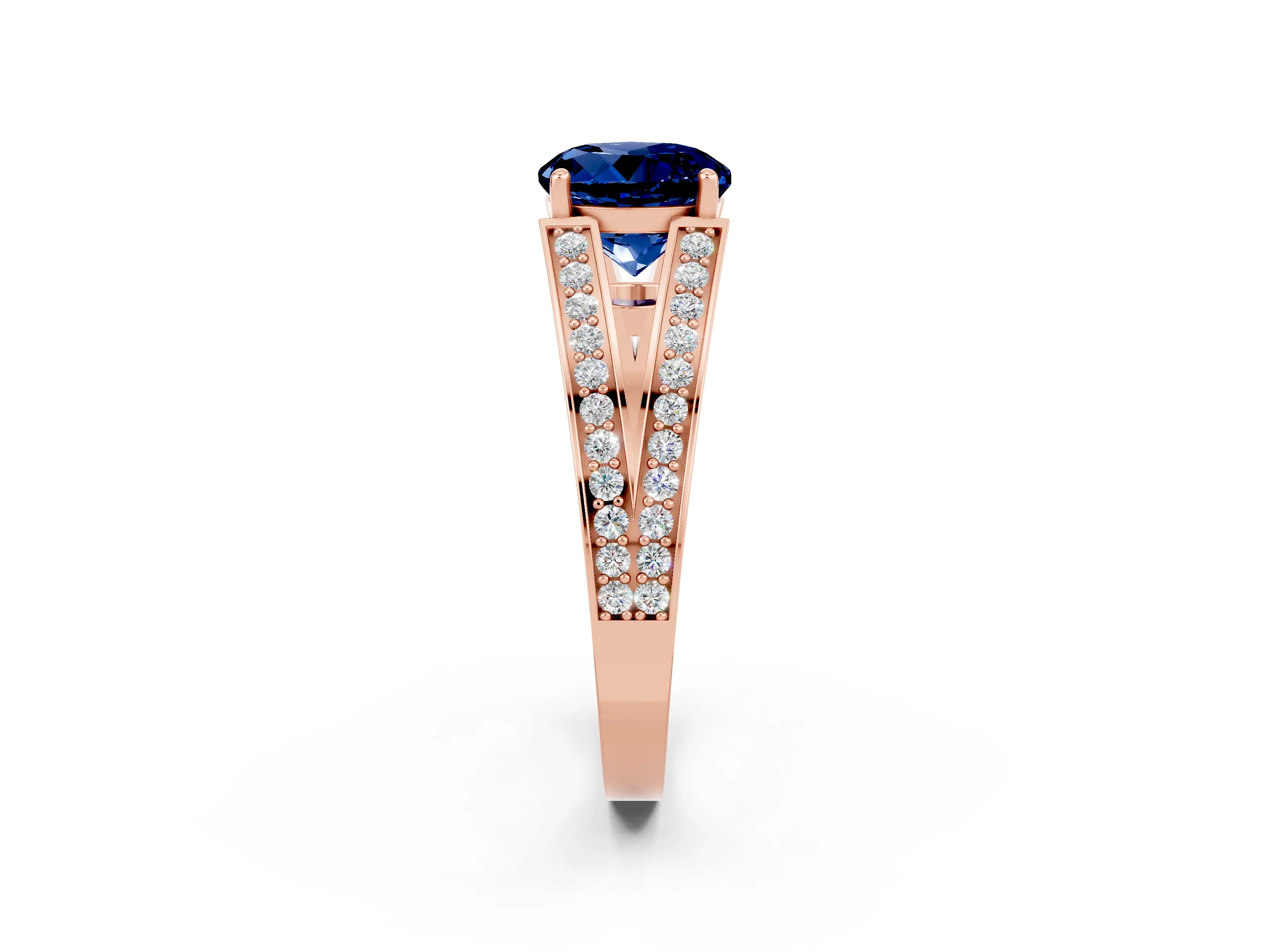 Rose gold Round Cut Blue Sapphire Split Shank Ring with Pavé Band and Four-Prong Setting_2