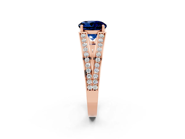 Rose gold Round Cut Blue Sapphire Split Shank Ring with Pavé Band and Four-Prong Setting
