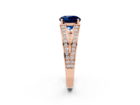 Rose gold Round Cut Blue Sapphire Split Shank Ring with Pavé Band and Four-Prong Setting_2