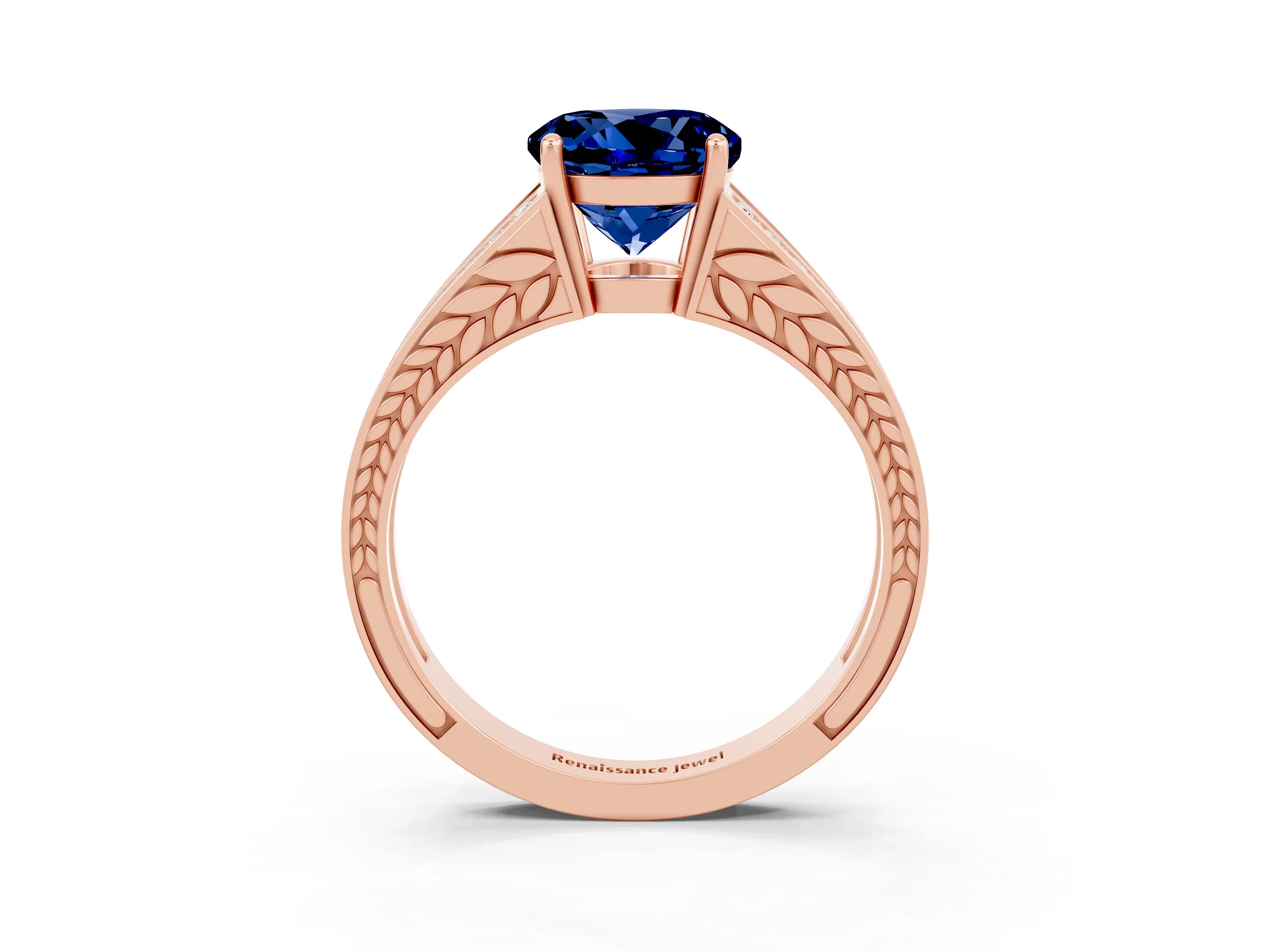 Rose gold Round Cut Blue Sapphire Split Shank Ring with Pavé Band and Four-Prong Setting_3