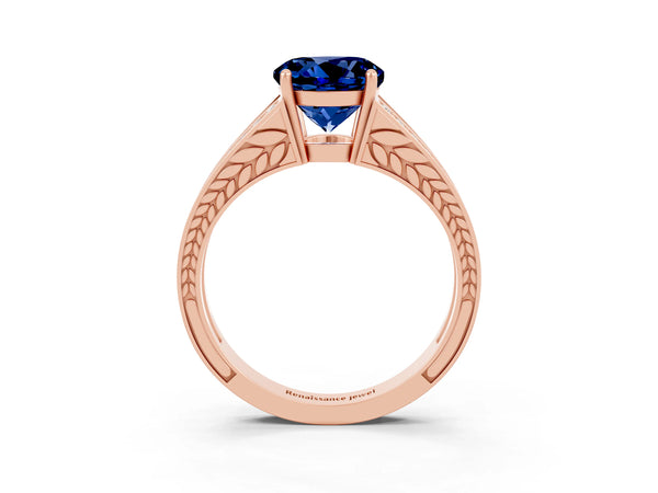 Rose gold Round Cut Blue Sapphire Split Shank Ring with Pavé Band and Four-Prong Setting