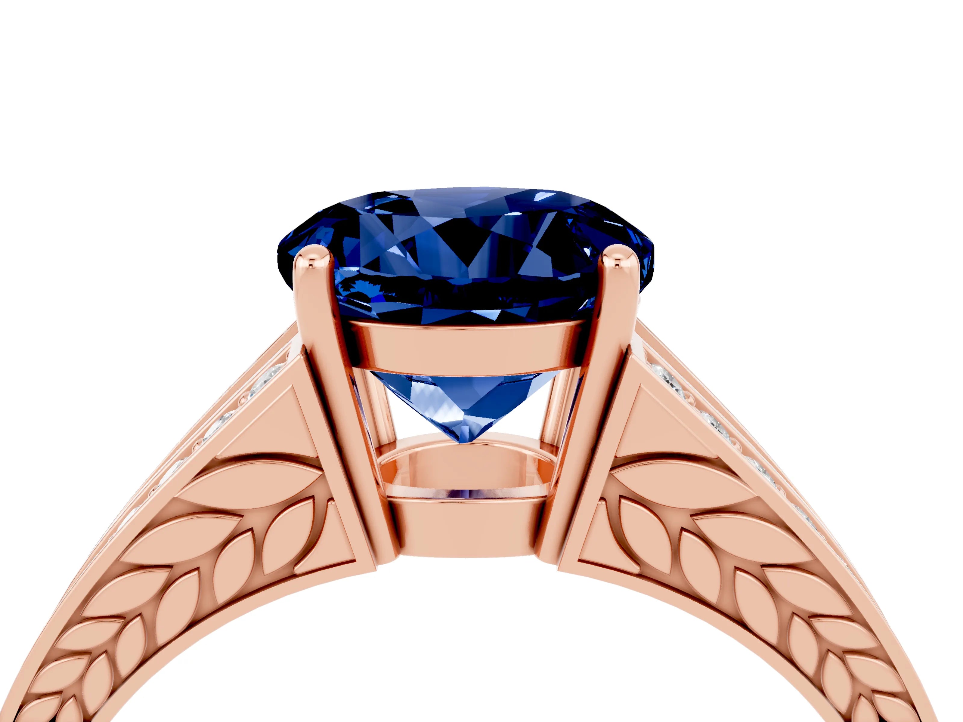 Rose gold Round Cut Blue Sapphire Split Shank Ring with Pavé Band and Four-Prong Setting_4