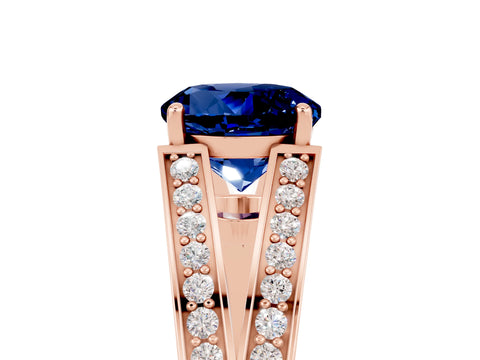Rose gold Round Cut Blue Sapphire Split Shank Ring with Pavé Band and Four-Prong Setting_5