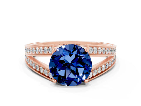 Rose gold Round Cut Blue Sapphire Split Shank Ring with Pavé Band and Four-Prong Setting