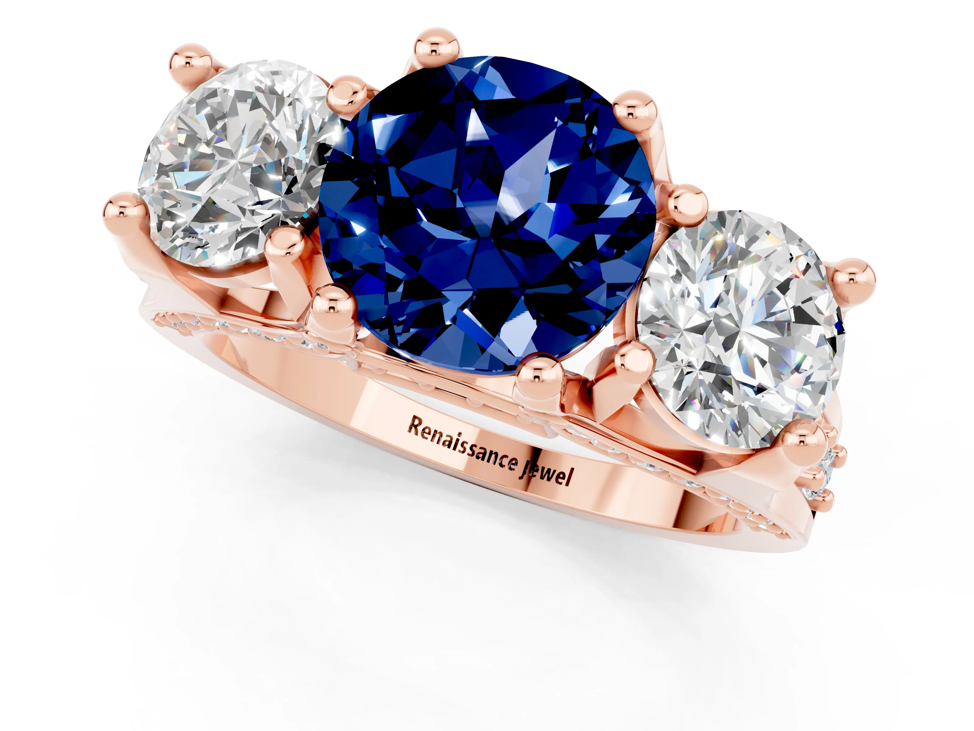 Rose gold Round Cut Blue Sapphire Three-Stone Ring with Channel Set Band and Four-Prong Setting_1