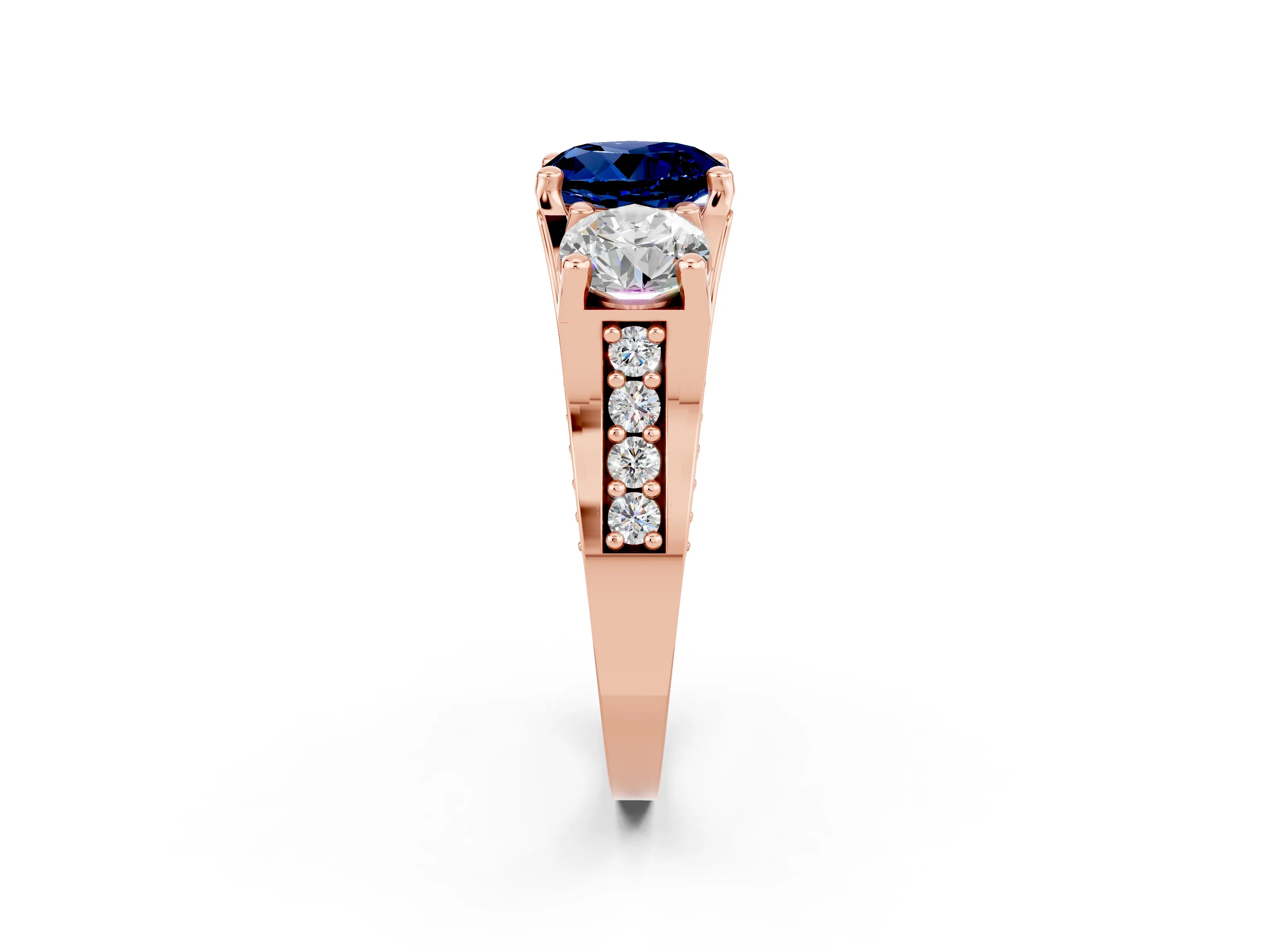 Rose gold Round Cut Blue Sapphire Three-Stone Ring with Channel Set Band and Four-Prong Setting_2