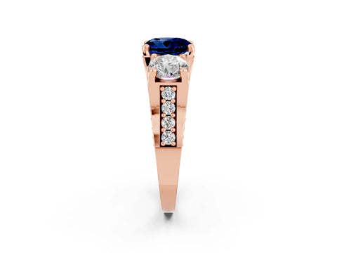 Rose gold Round Cut Blue Sapphire Three-Stone Ring with Channel Set Band and Four-Prong Setting_2