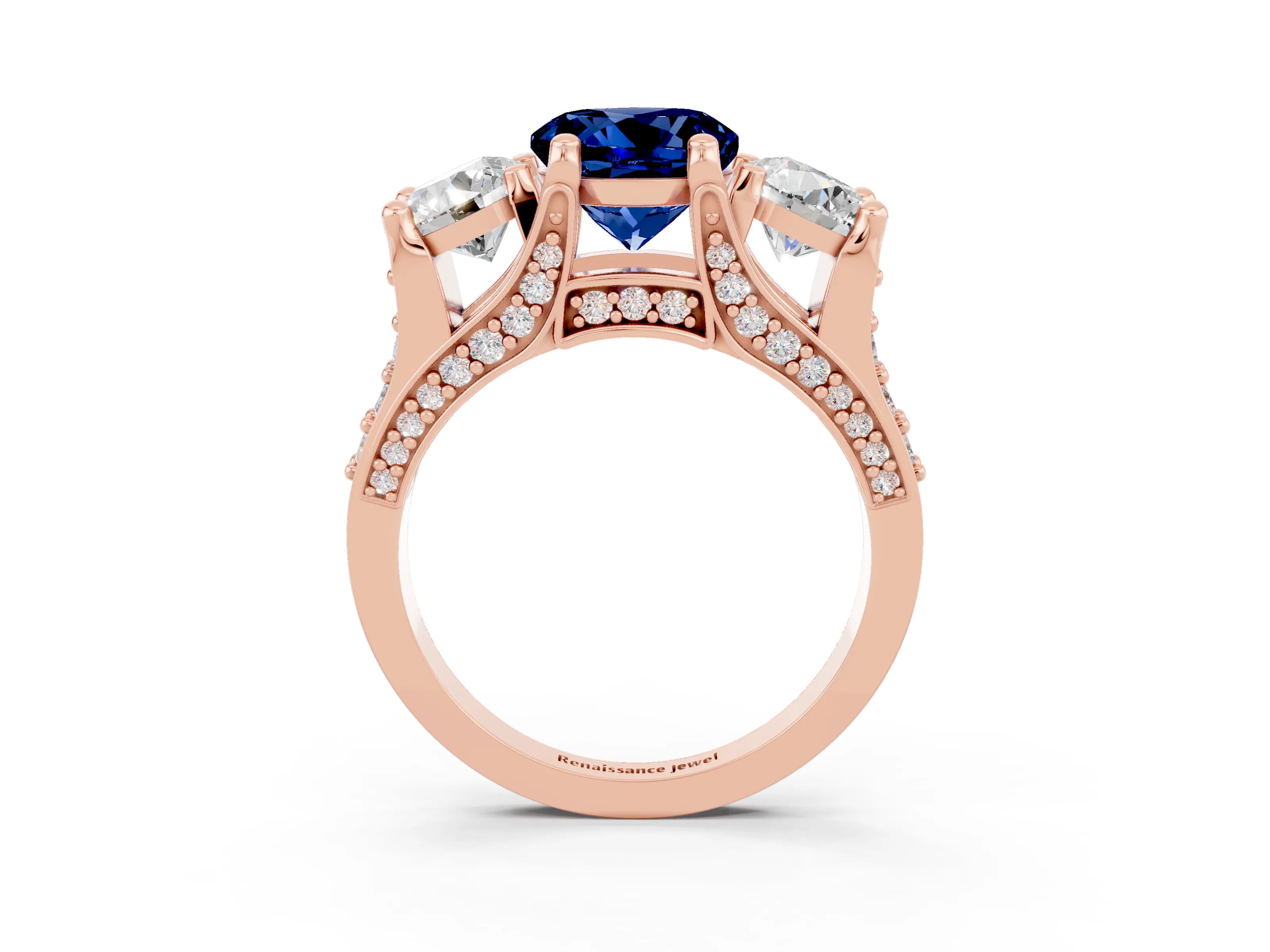 Rose gold Round Cut Blue Sapphire Three-Stone Ring with Channel Set Band and Four-Prong Setting_3