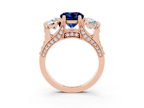 Rose gold Round Cut Blue Sapphire Three-Stone Ring with Channel Set Band and Four-Prong Setting_3