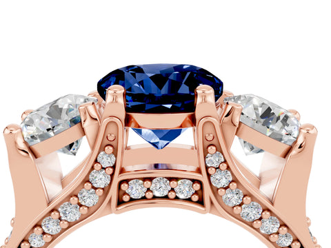 Rose gold Round Cut Blue Sapphire Three-Stone Ring with Channel Set Band and Four-Prong Setting_4