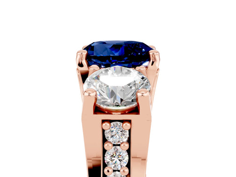 Rose gold Round Cut Blue Sapphire Three-Stone Ring with Channel Set Band and Four-Prong Setting_5