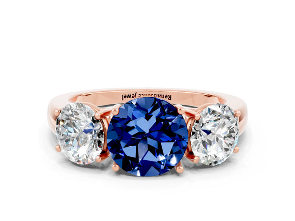 Rose gold Round Cut Blue Sapphire Three-Stone Ring with Four-Prong Setting and Classic Band