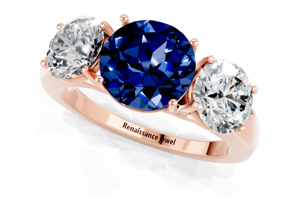 Rose gold Round Cut Blue Sapphire Three-Stone Ring with Four-Prong Setting and Classic Band