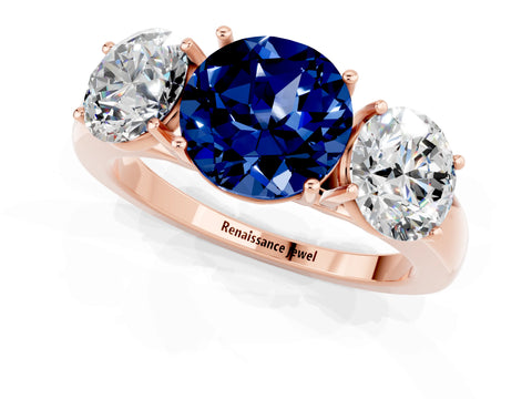 Rose gold Round Cut Blue Sapphire Three-Stone Ring with Four-Prong Setting and Classic Band_1