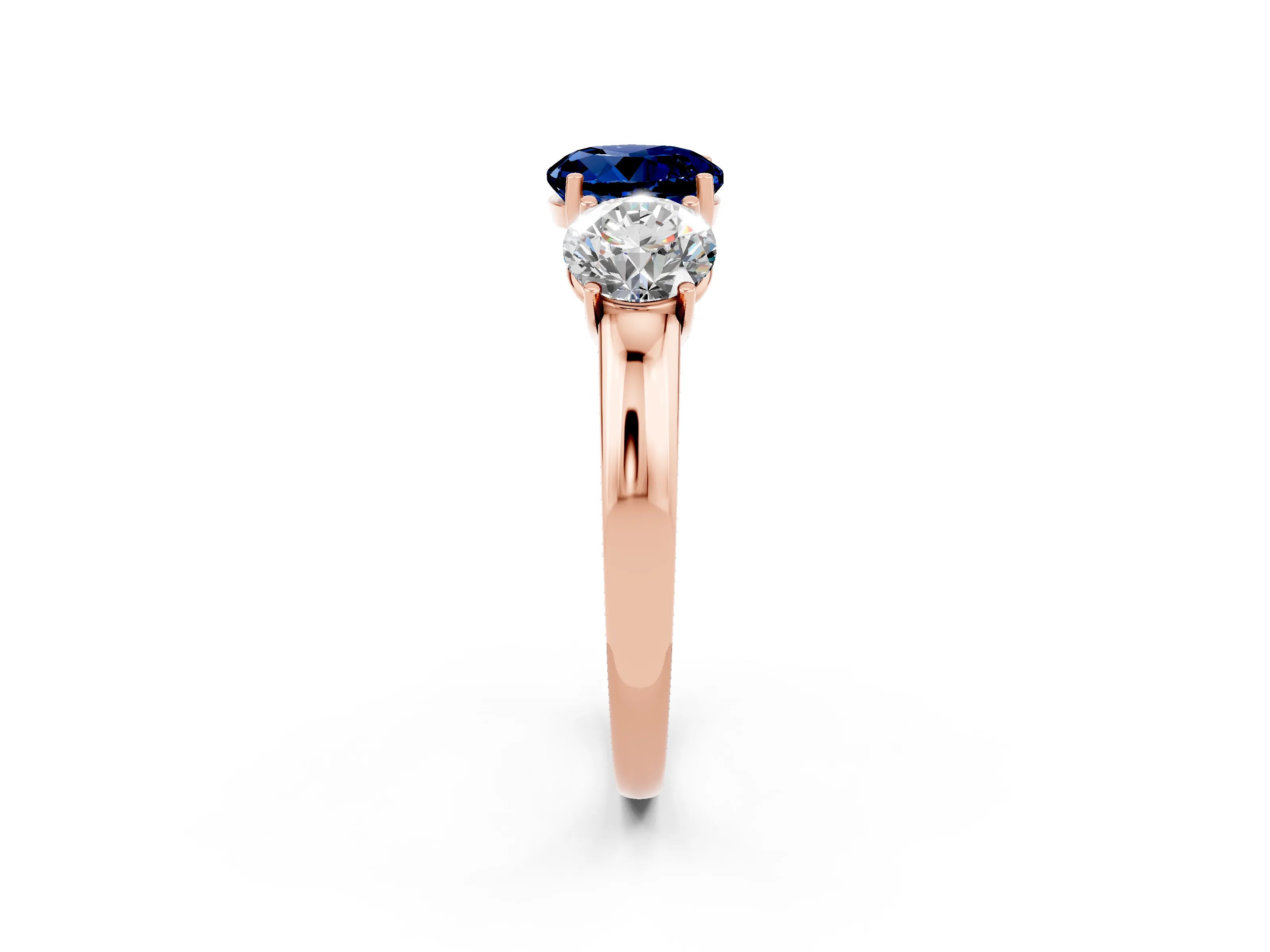 Rose gold Round Cut Blue Sapphire Three-Stone Ring with Four-Prong Setting and Classic Band_2