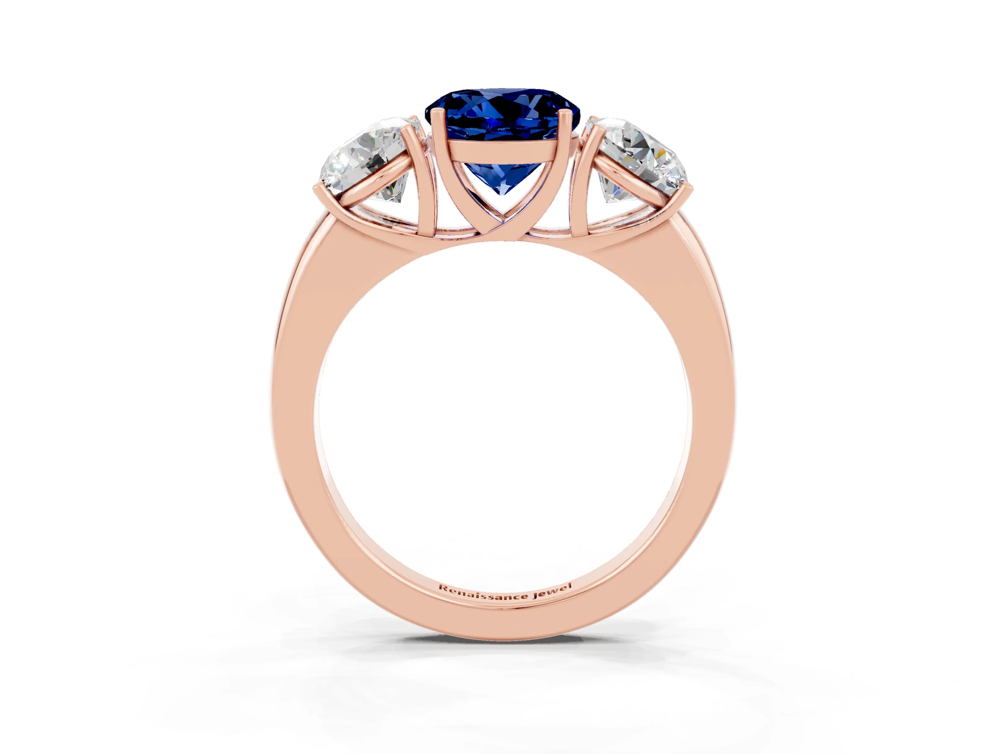 Rose gold Round Cut Blue Sapphire Three-Stone Ring with Four-Prong Setting and Classic Band_3