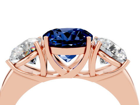 Rose gold Round Cut Blue Sapphire Three-Stone Ring with Four-Prong Setting and Classic Band_4