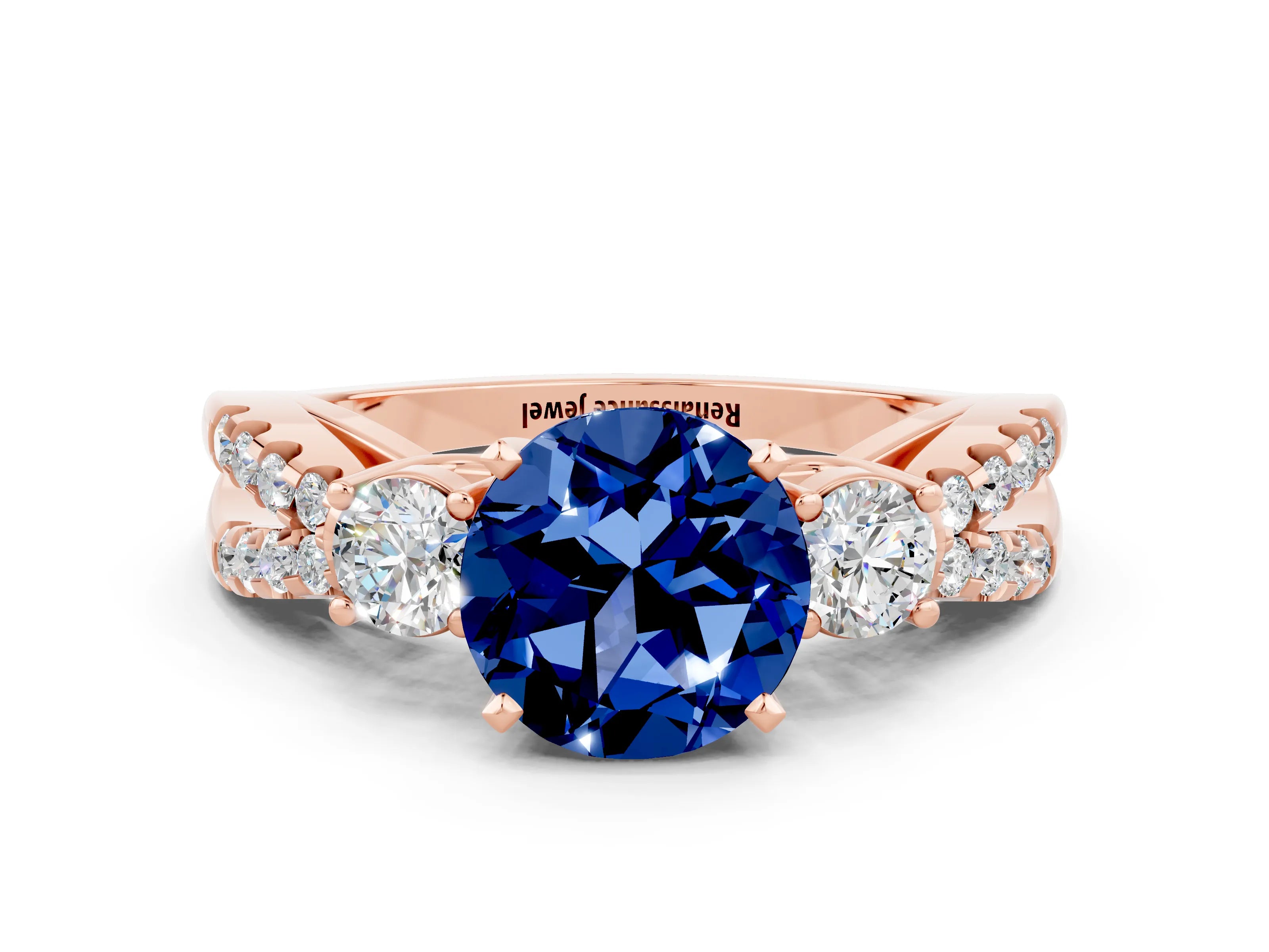 Rose gold Round Cut Blue Sapphire Three-Stone Ring with Pavé Split Shank and Four-Prong Setting