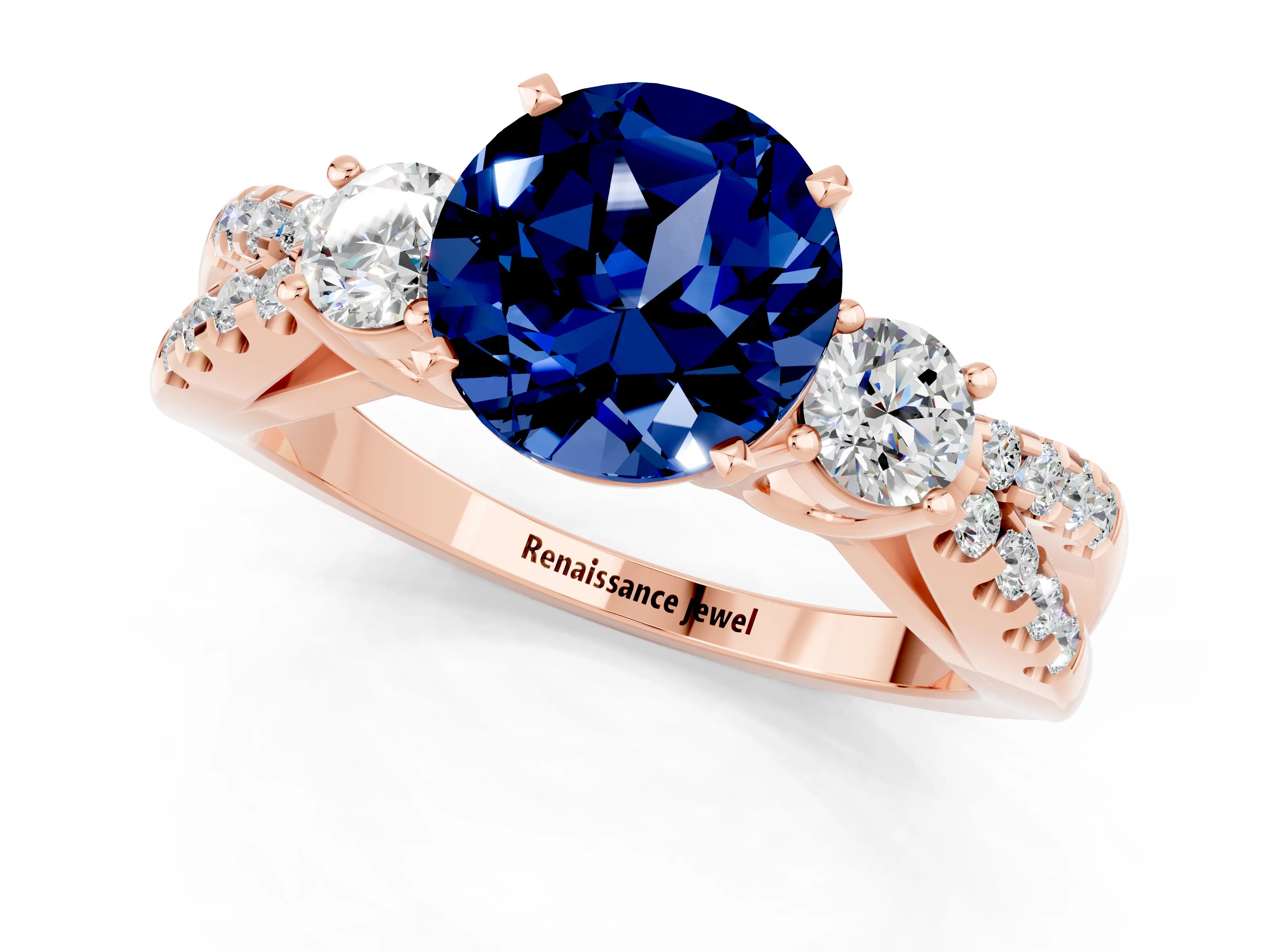 Rose gold Round Cut Blue Sapphire Three-Stone Ring with Pavé Split Shank and Four-Prong Setting_1