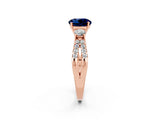 Rose gold Round Cut Blue Sapphire Three-Stone Ring with Pavé Split Shank and Four-Prong Setting_2